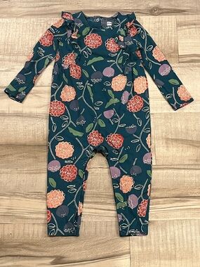 Tea Collection Teal Floral Ruffle Top Long Sleeve Snap Onesie size 12-18 months